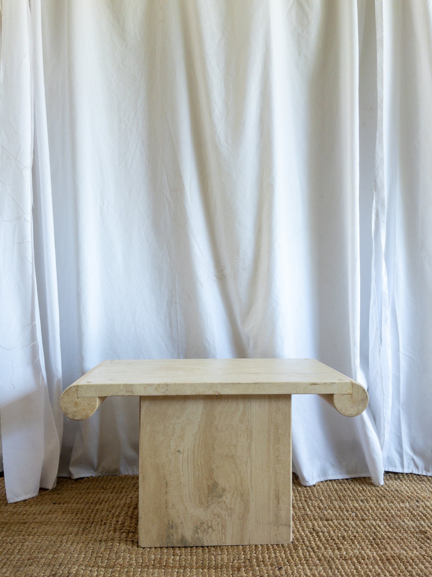 Travertine scroll top side tables