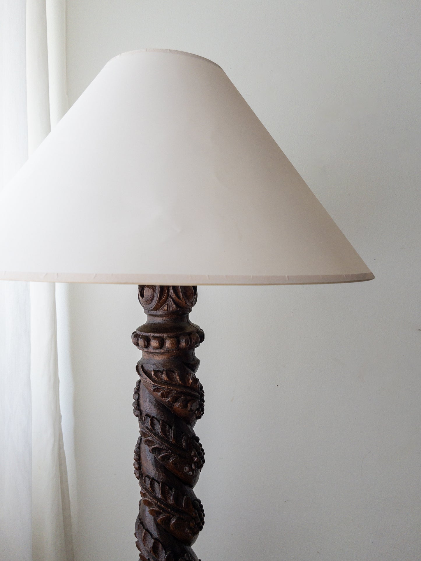 Carved wood floor lamp