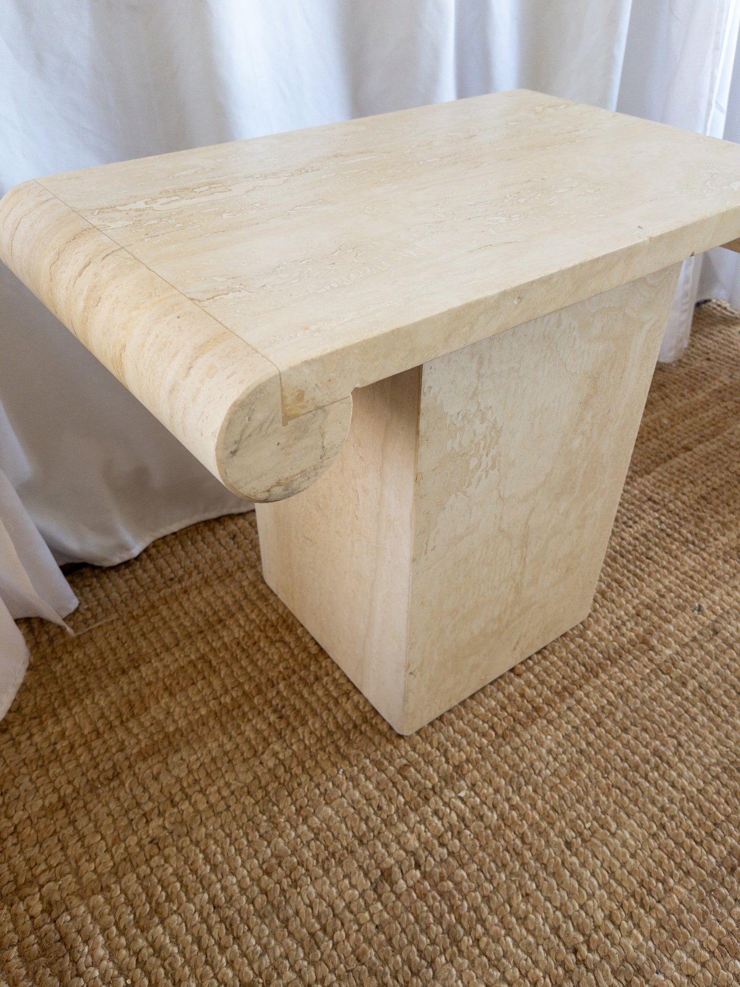 Travertine scroll top side tables