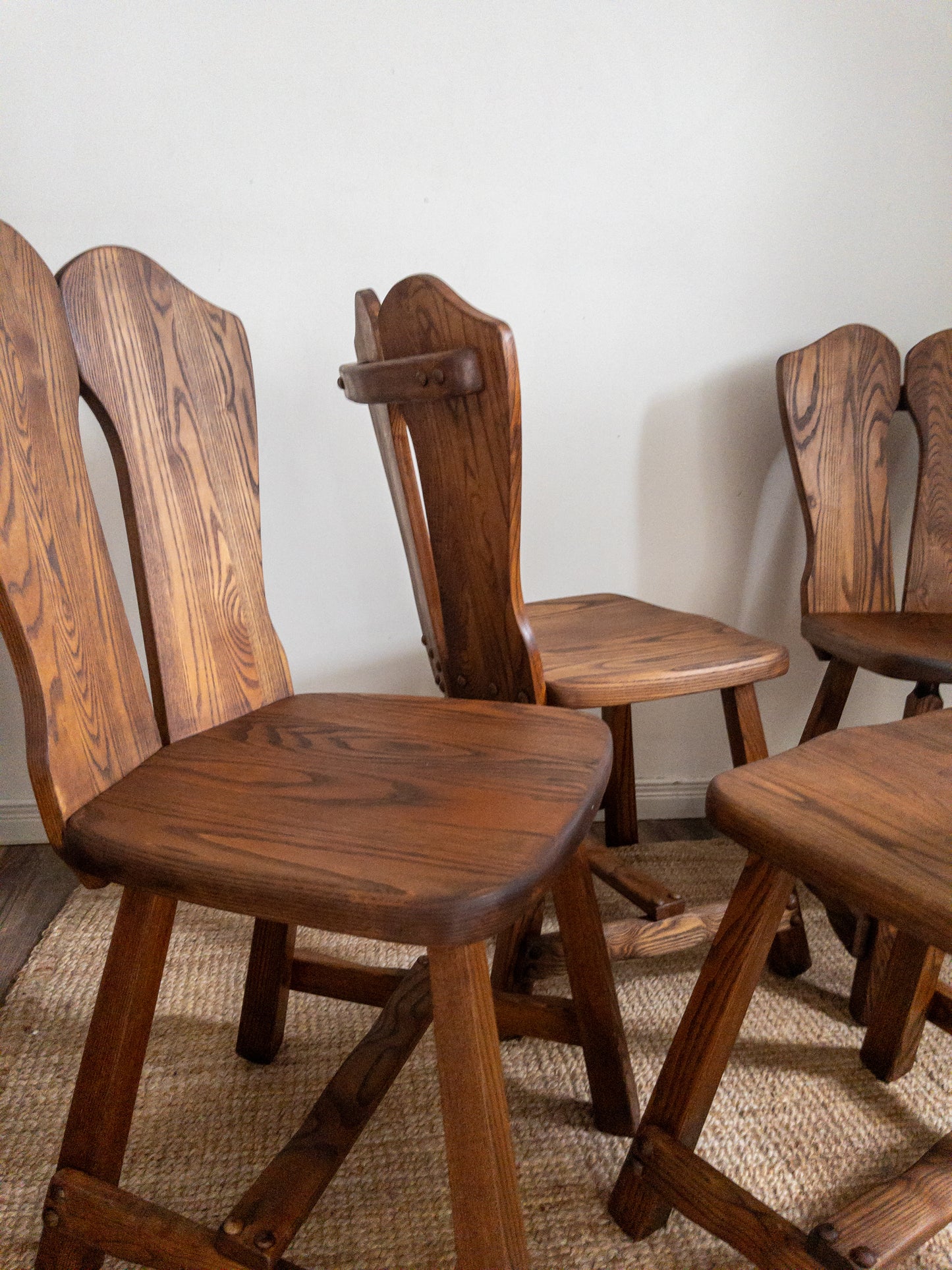 70s carved oak dining chairs