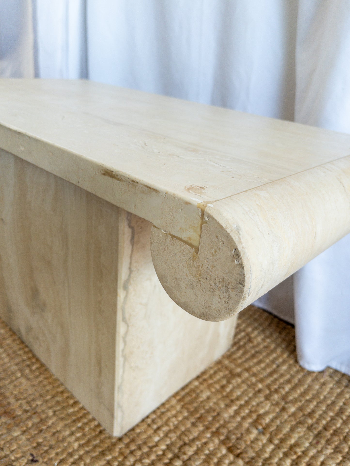 Travertine scroll top side tables