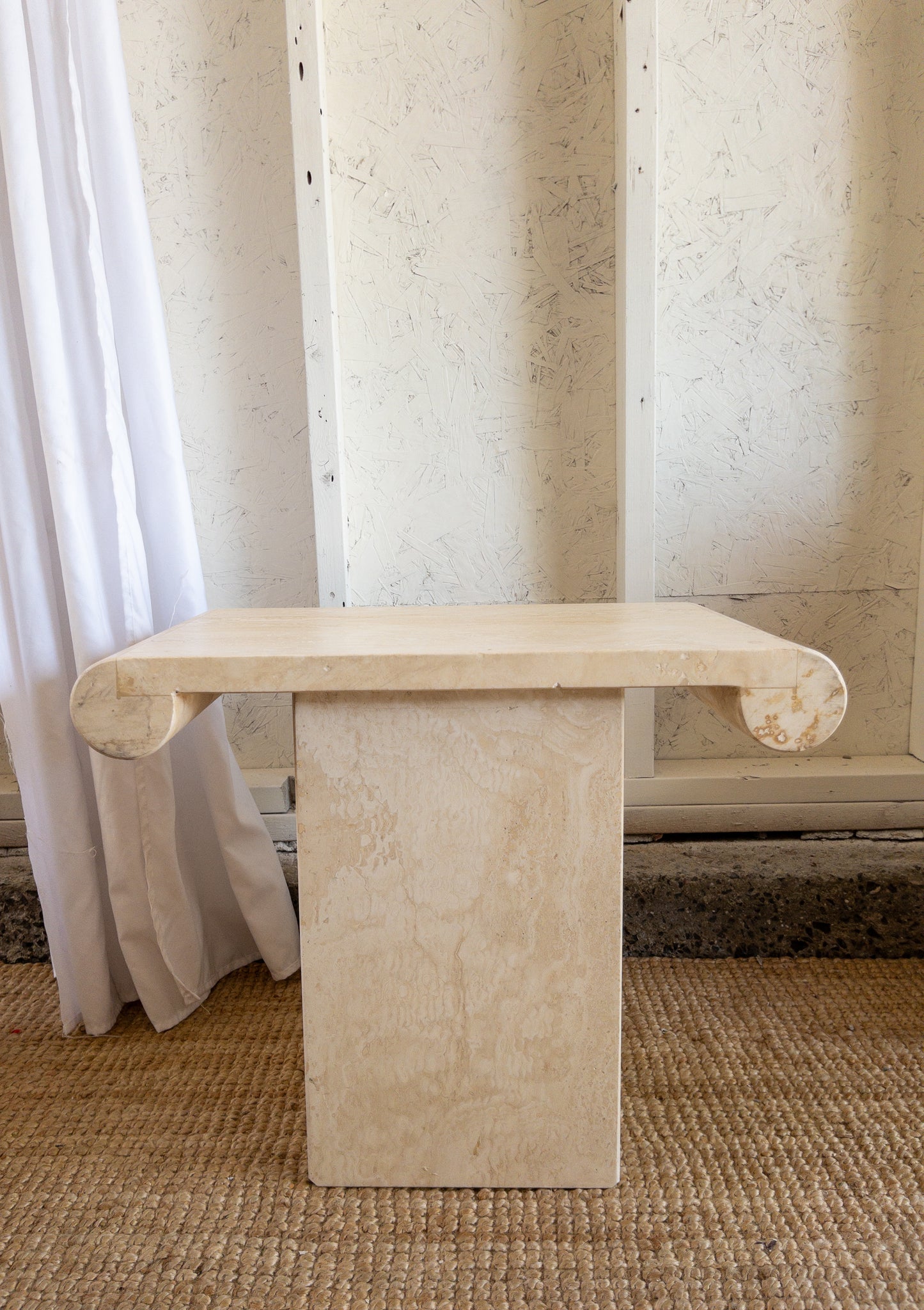 Travertine scroll top side tables