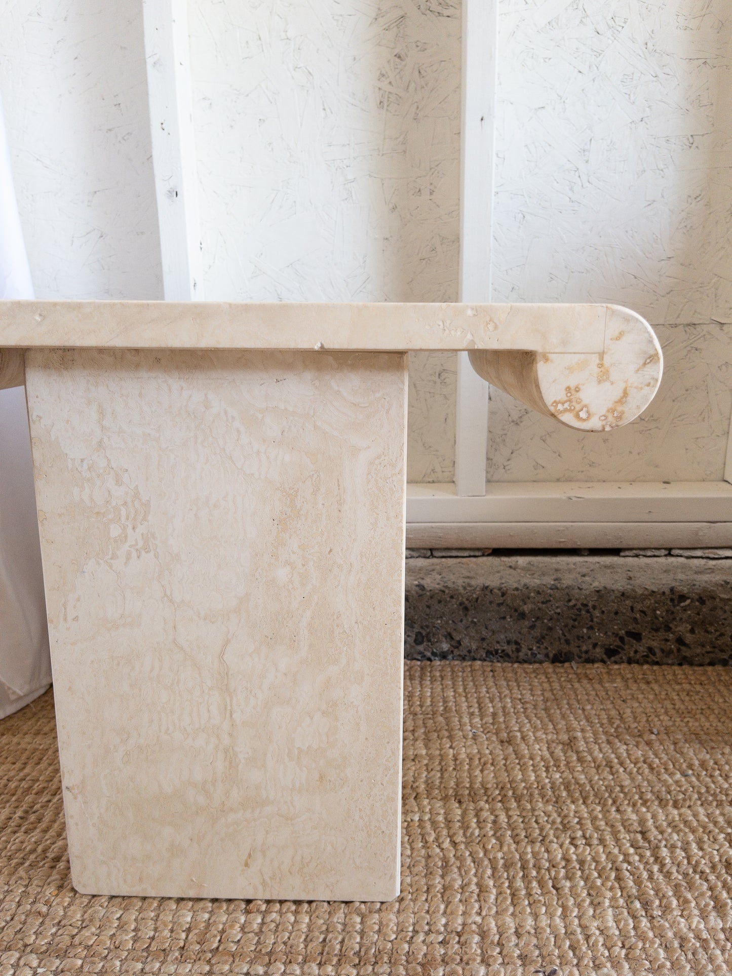 Travertine scroll top side tables