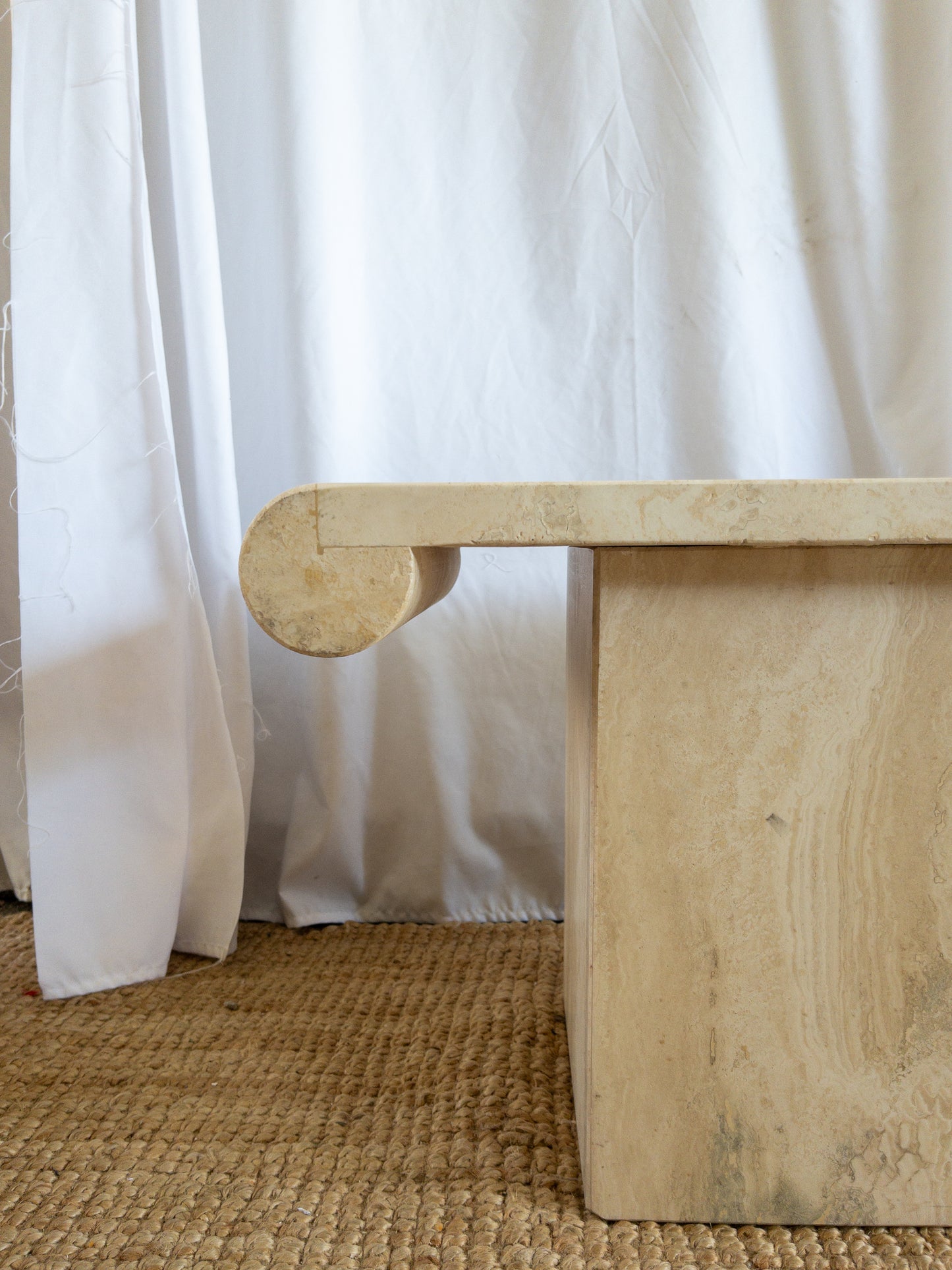 Travertine scroll top side tables