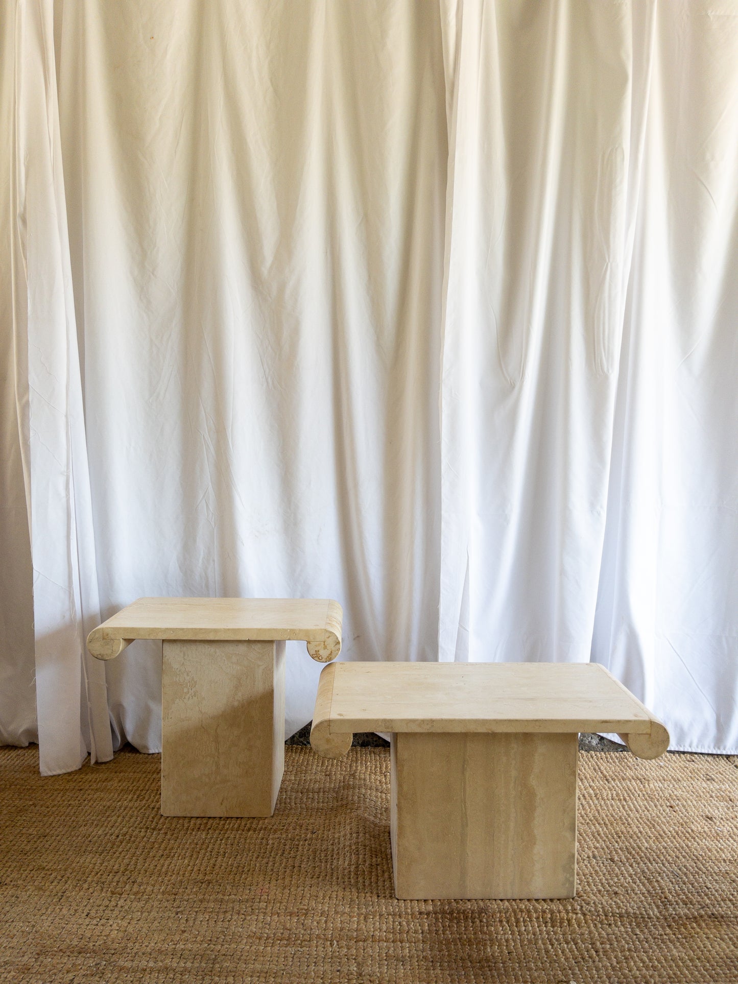 Travertine scroll top side tables