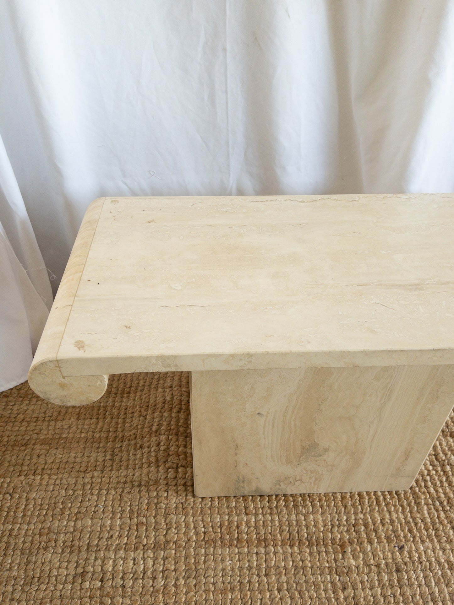 Travertine scroll top side tables