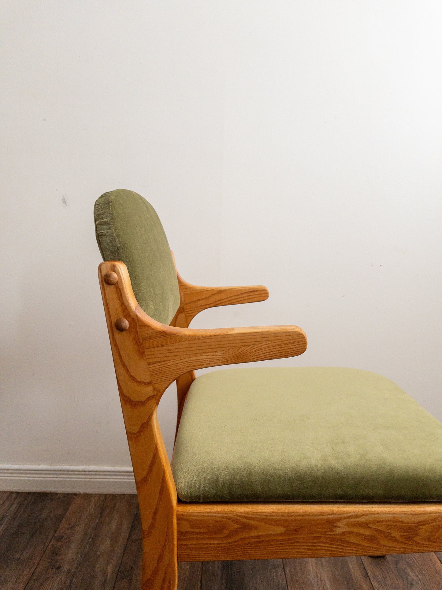 Oak and velvet dining chairs