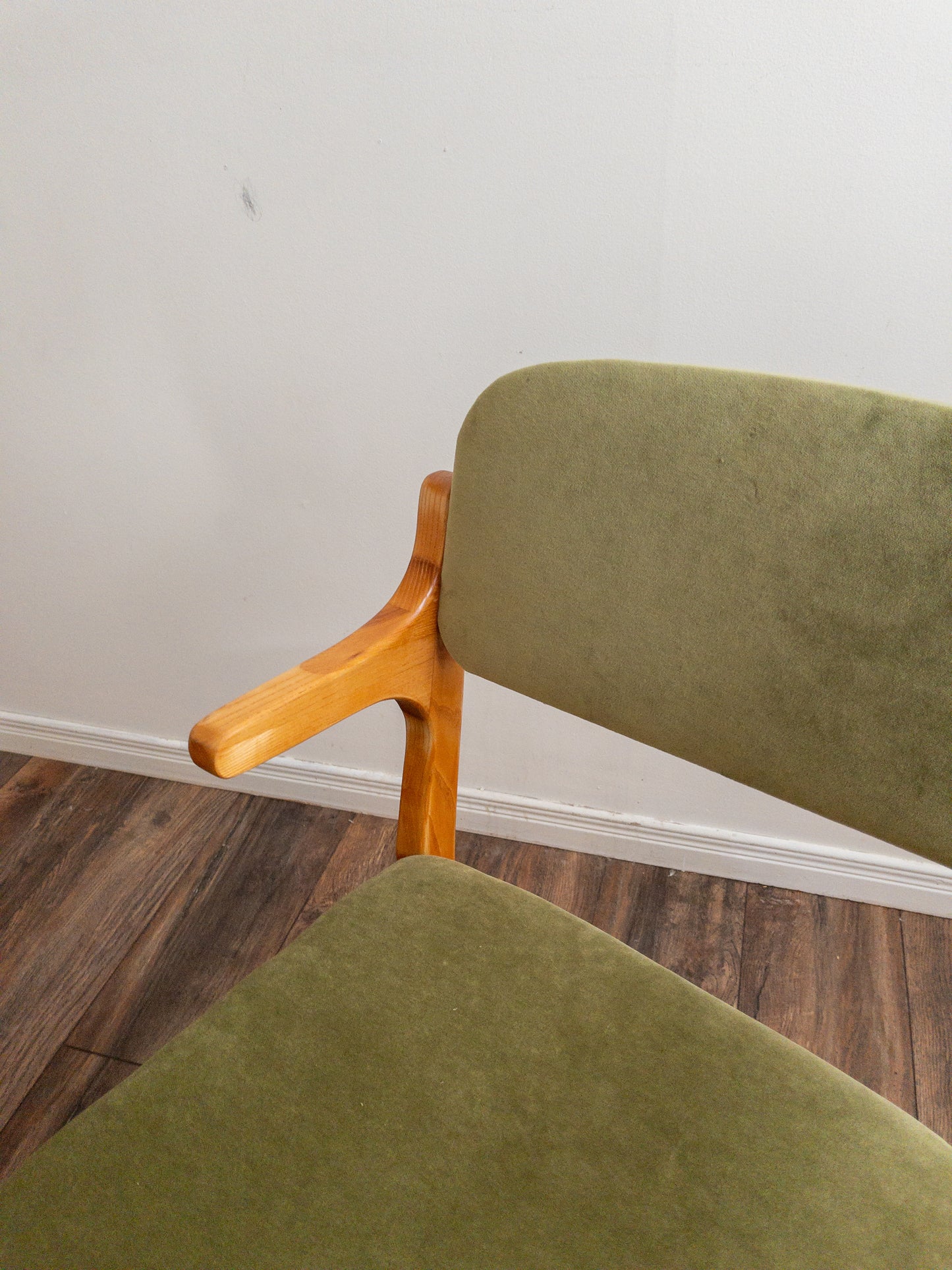 Oak and velvet dining chairs