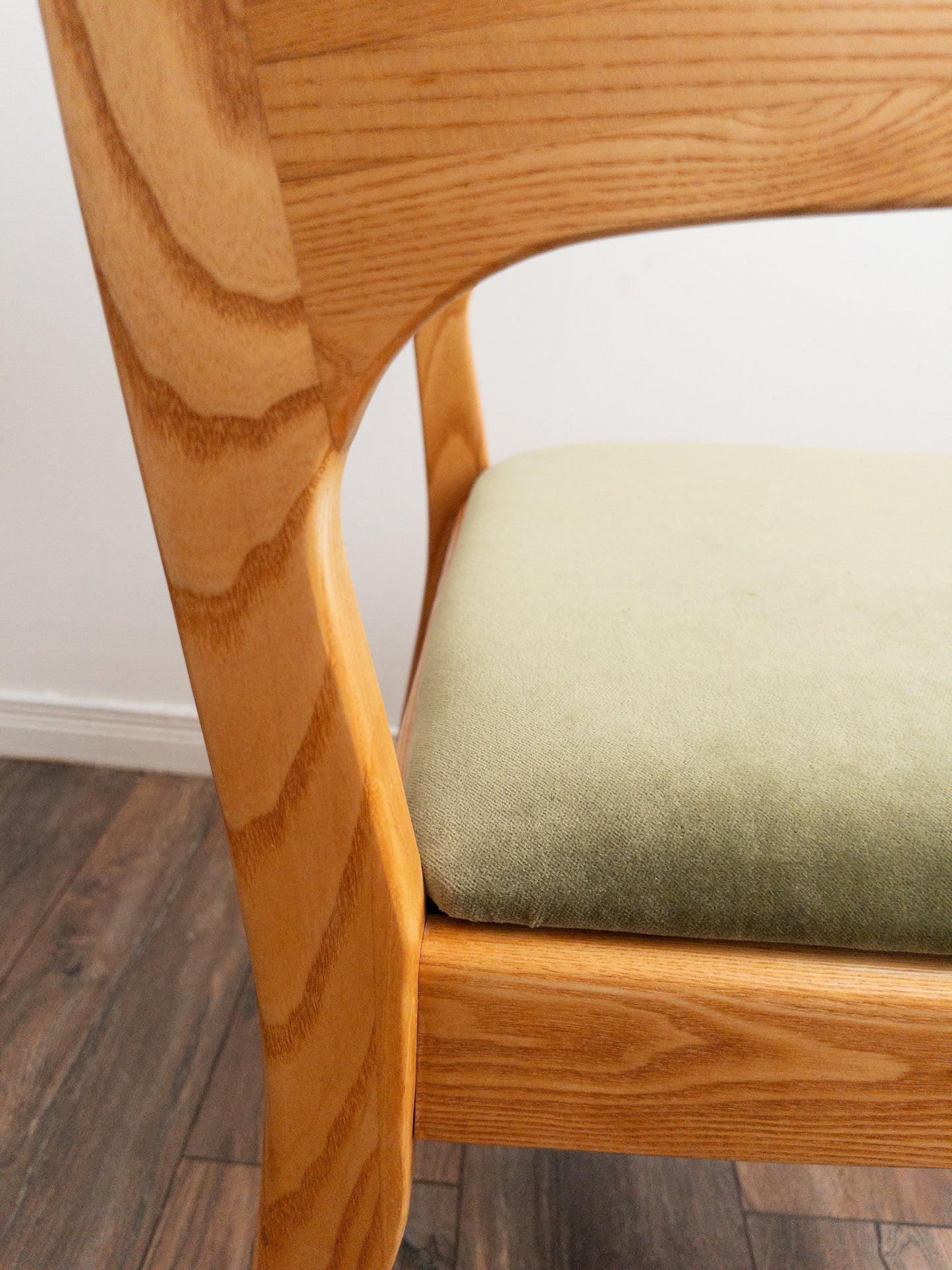 Oak and velvet dining chairs