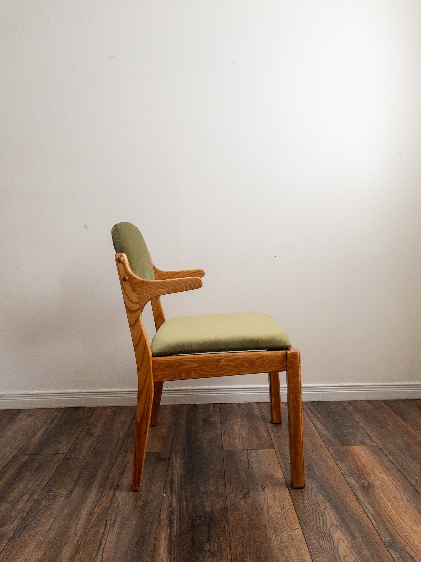 Oak and velvet dining chairs