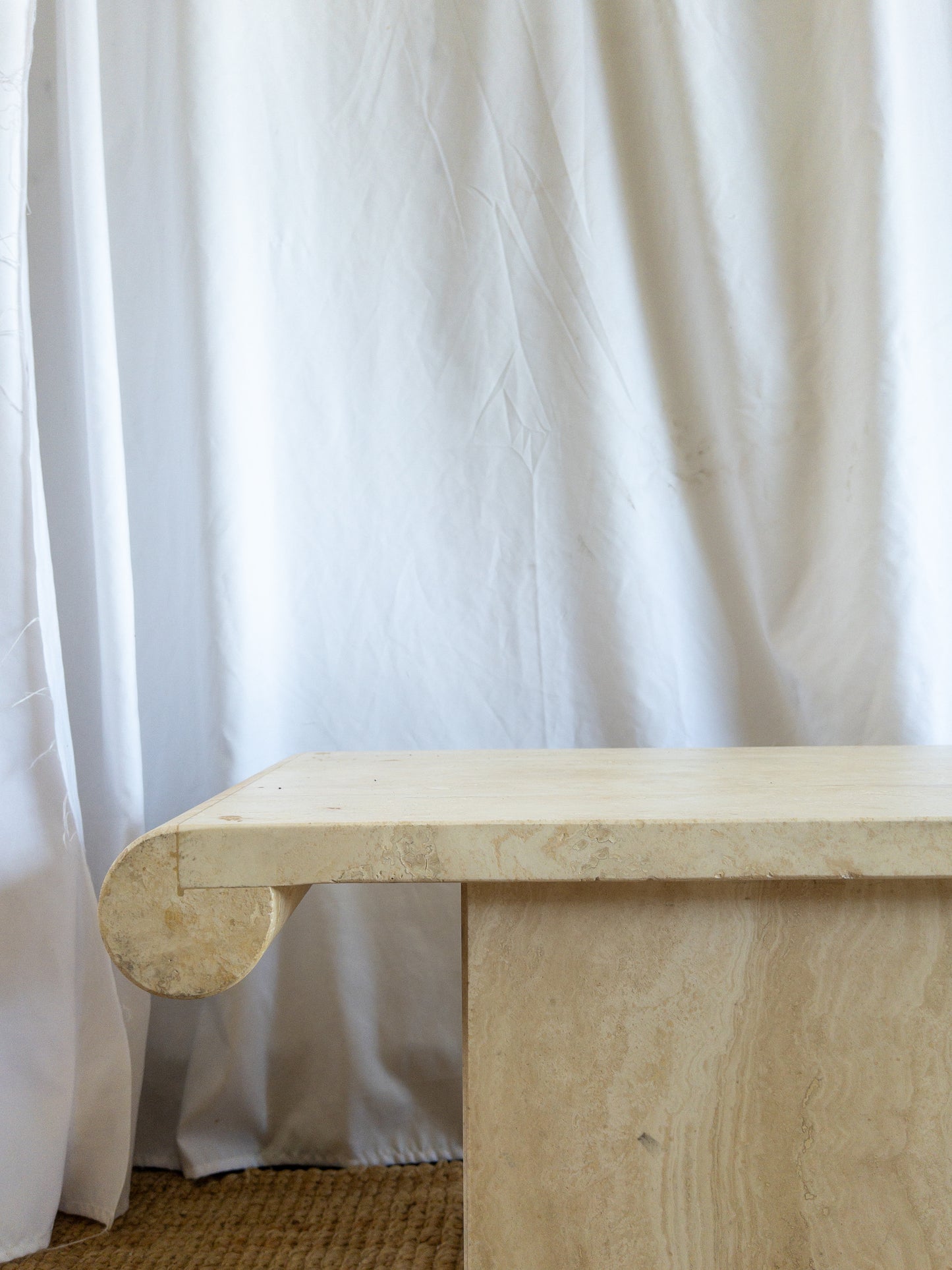 Travertine scroll top side tables