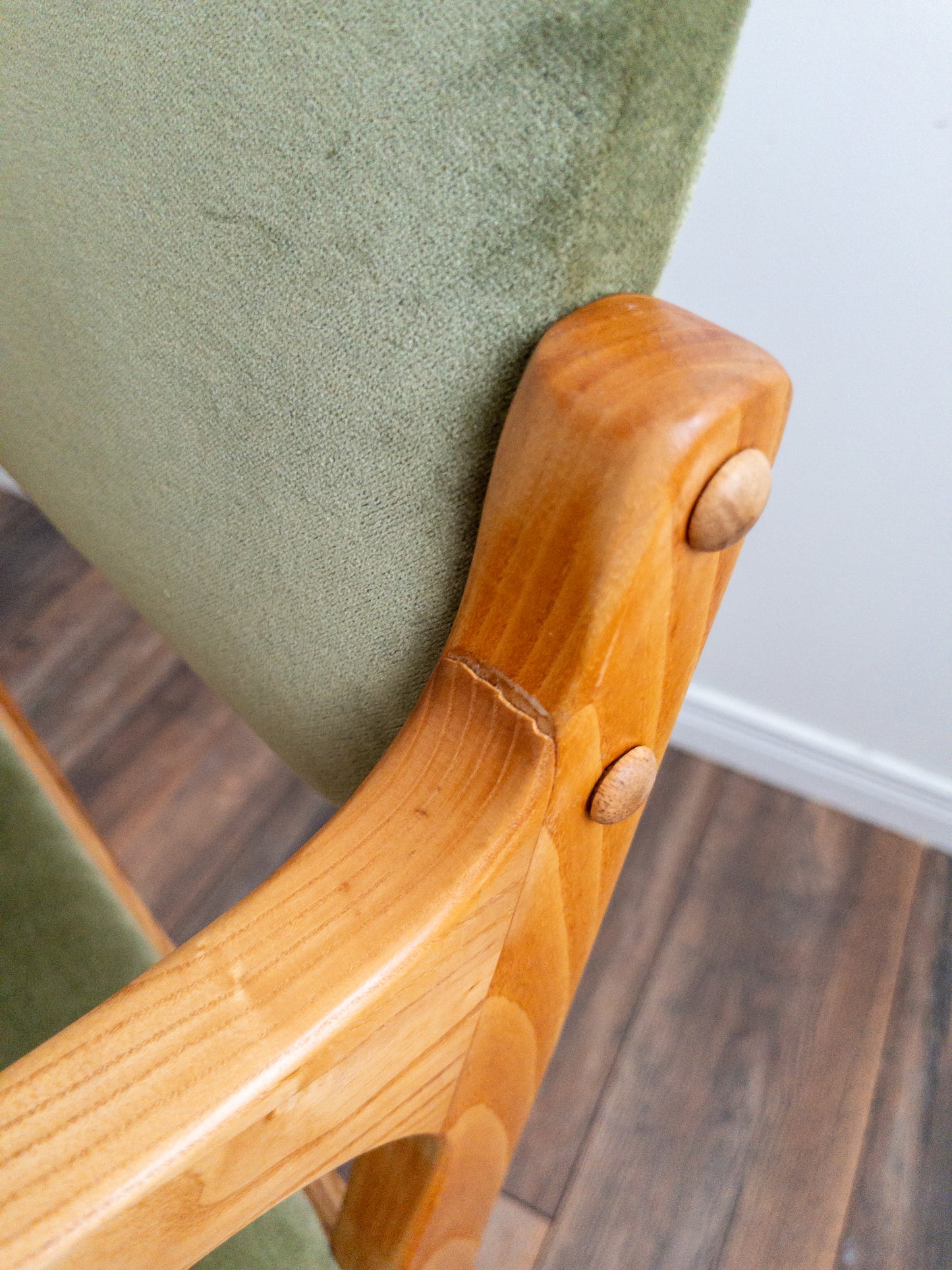 Oak and velvet dining chairs