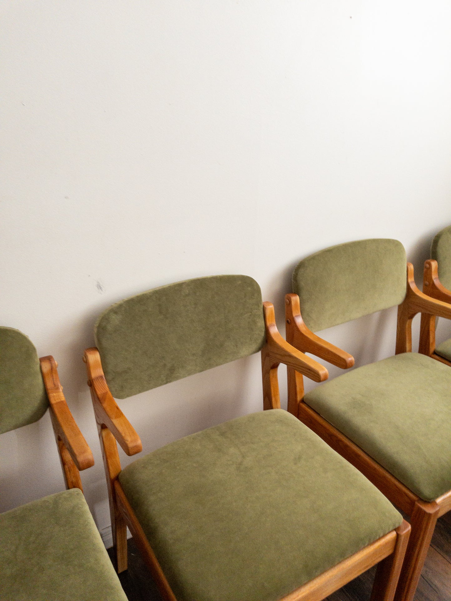 Oak and velvet dining chairs