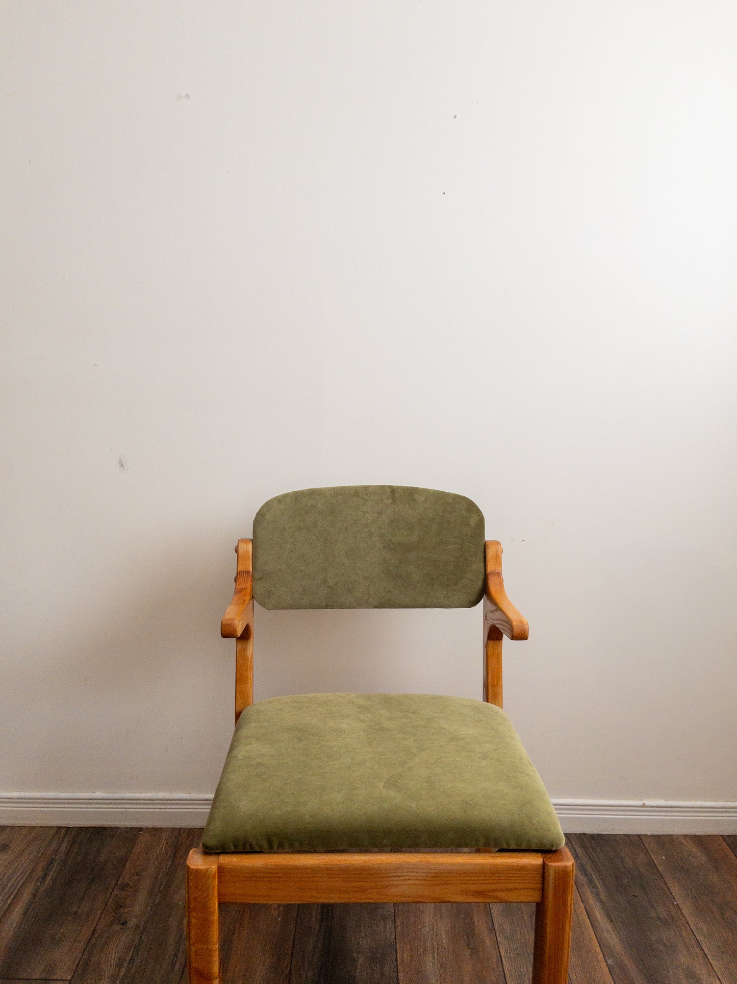 Oak and velvet dining chairs