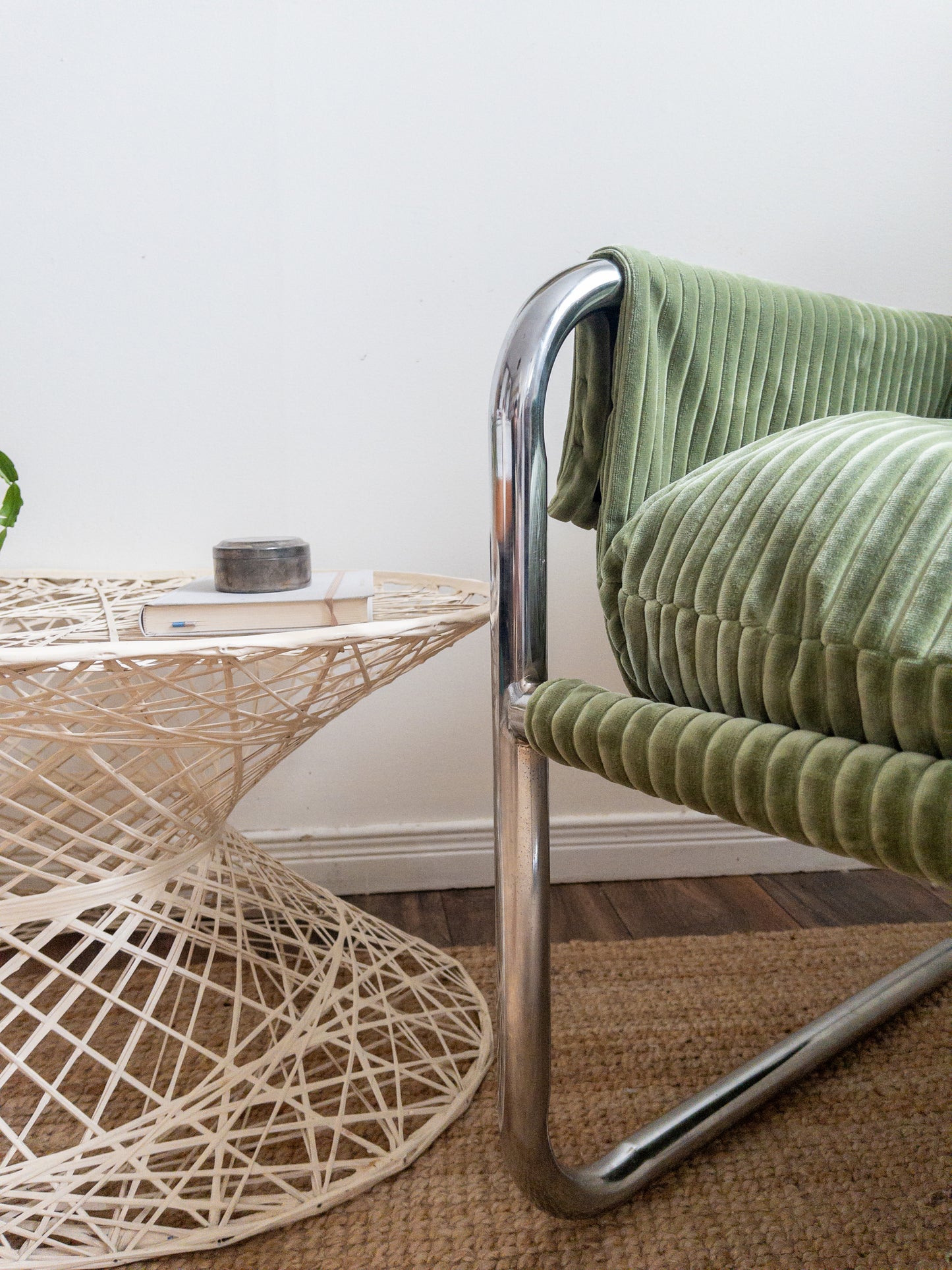 Corduroy chrome sling back chair