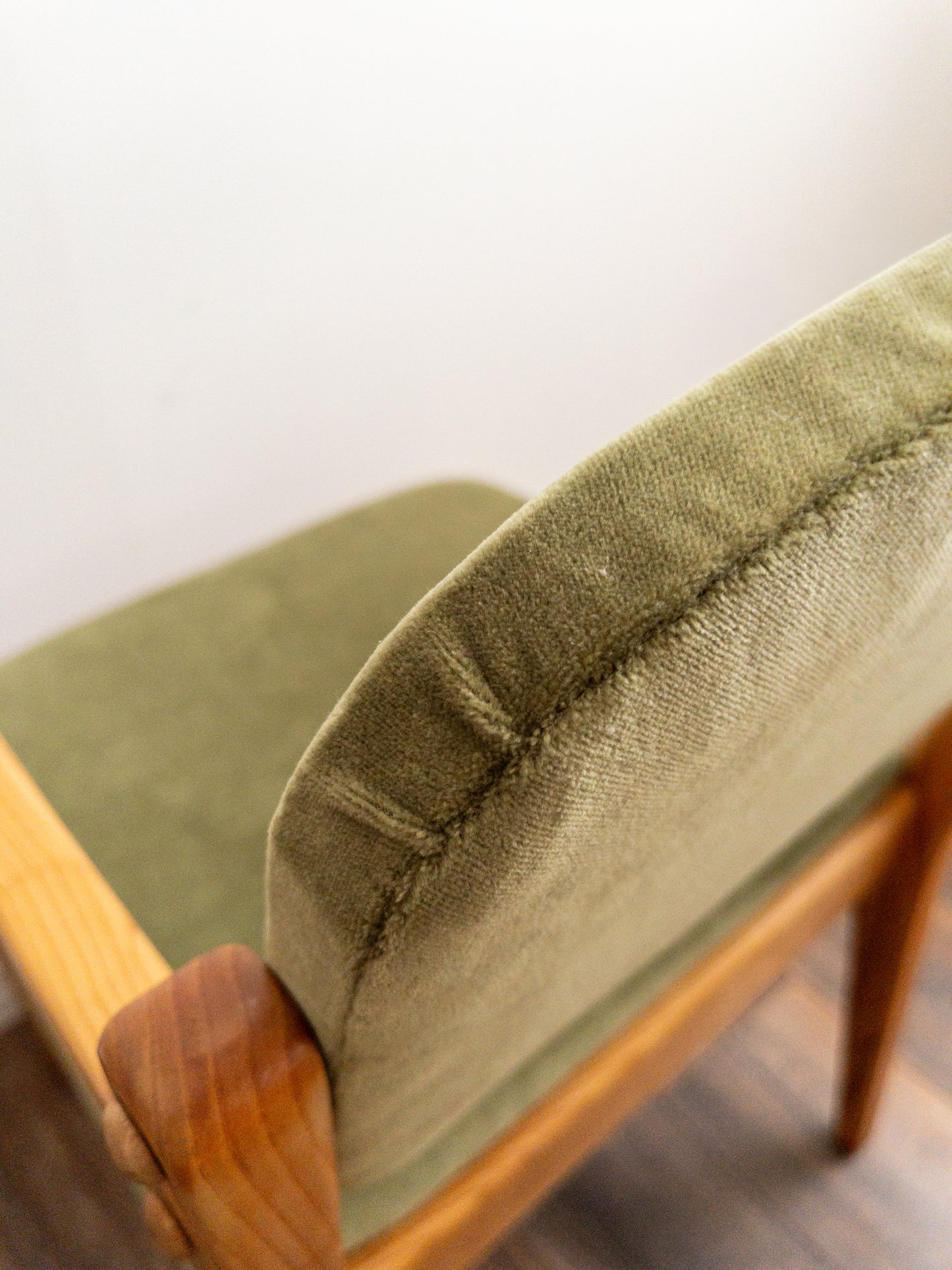 Oak and velvet dining chairs