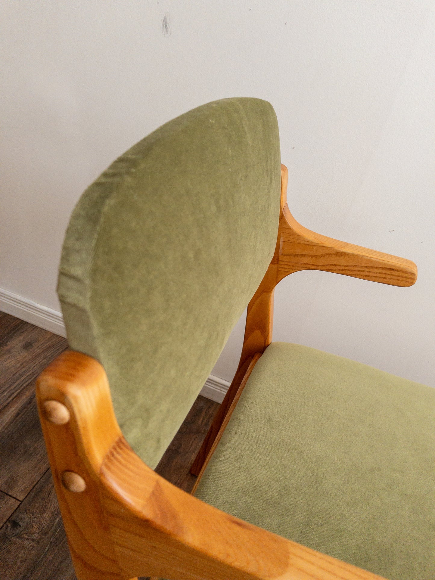 Oak and velvet dining chairs