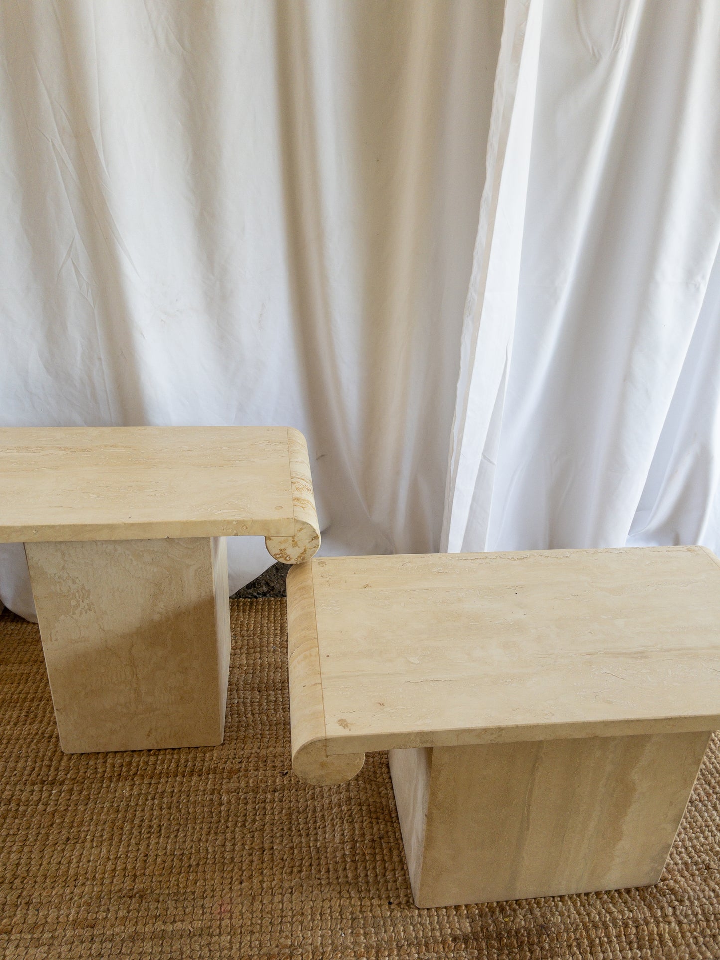 Travertine scroll top side tables