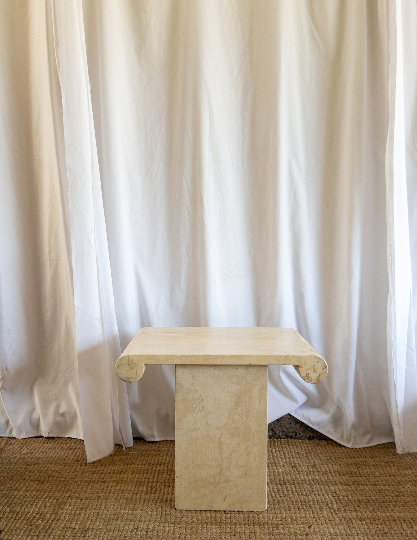 Travertine scroll top side tables