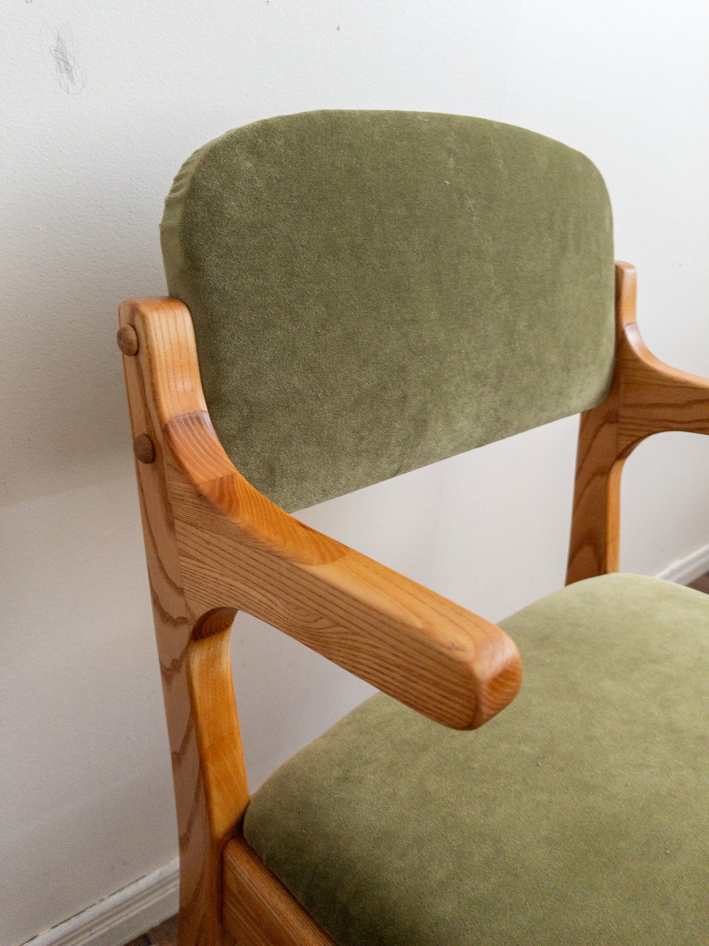 Oak and velvet dining chairs
