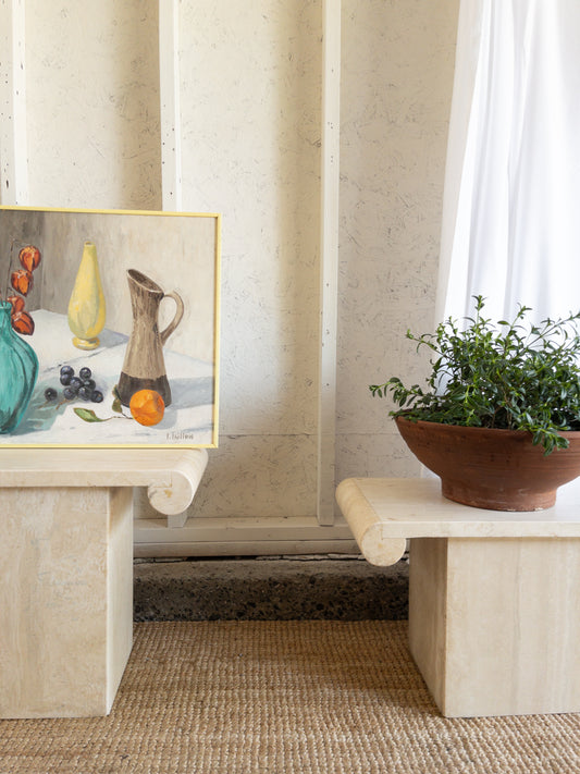 Travertine scroll top side tables