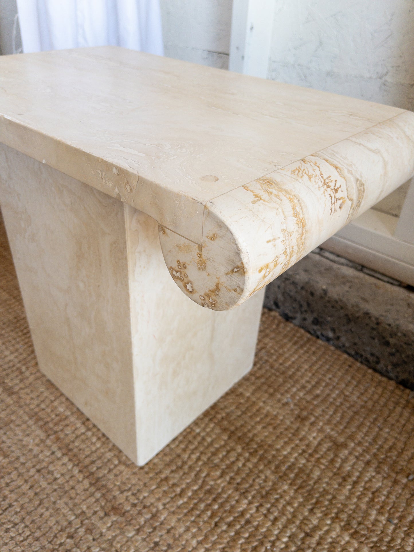 Travertine scroll top side tables