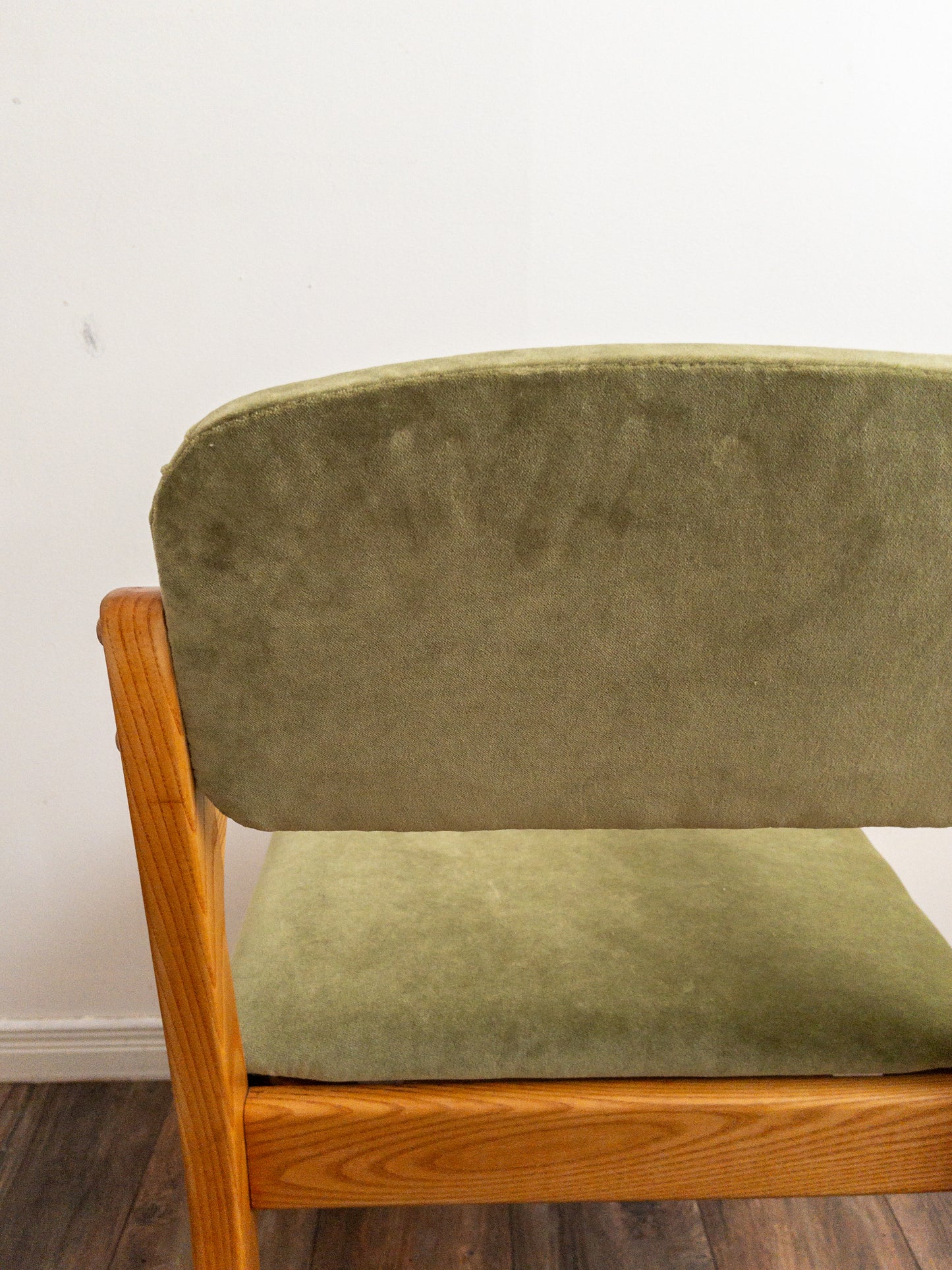 Oak and velvet dining chairs