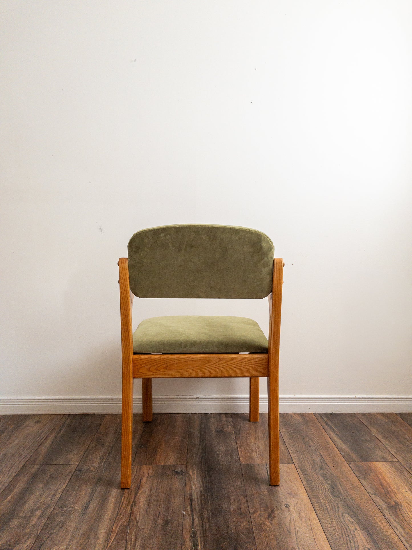 Oak and velvet dining chairs